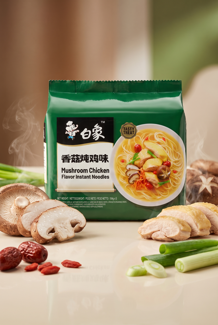 Baixiang Tasty Treat Mushroom Chicken Flavor Instant Noodles (5 Pack)